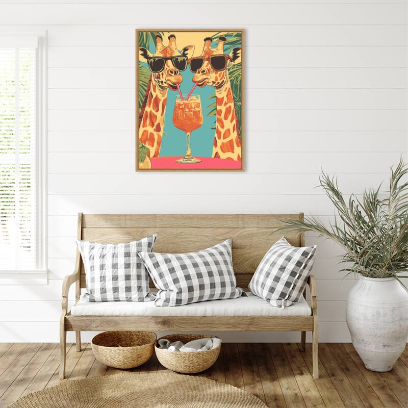 Giraffes Sharing a Drink by Andreas Magnusson Framed Canvas Wall Art