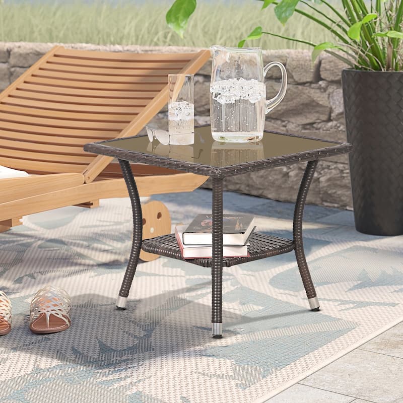 Outdoor Square Wicker Side Table 2-Tier Patio Coffee Table - Brown