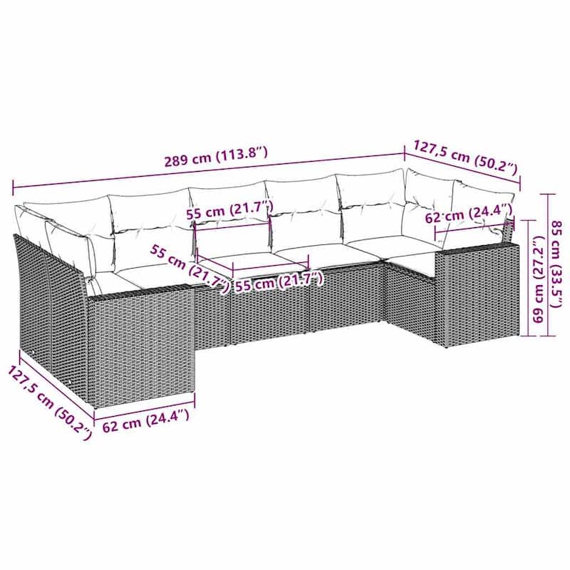 vidaXL Patio Sofa Set with Cushions Outdoor Furniture 7 Piece Poly Rattan - 24.4 x 25.8 x 27.2