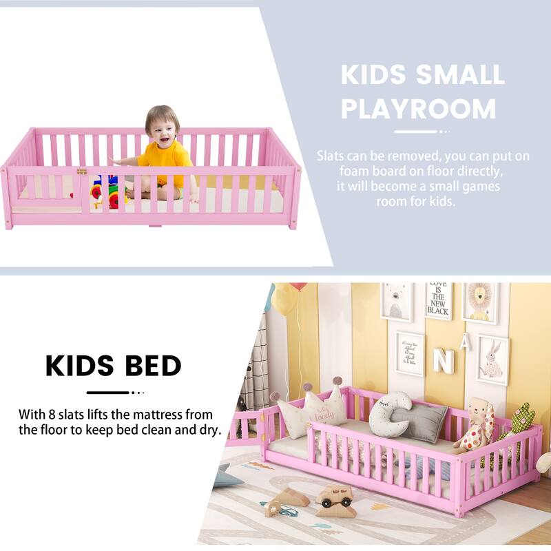 Twin Size Kids Floor Bed with Guardrails and Door