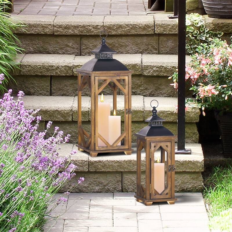 2-Piece Rustic Wooden House Shape Decorative Lantern with Metal Top for Home Decor - 11.75" L x 11.75" W x 30.5" H