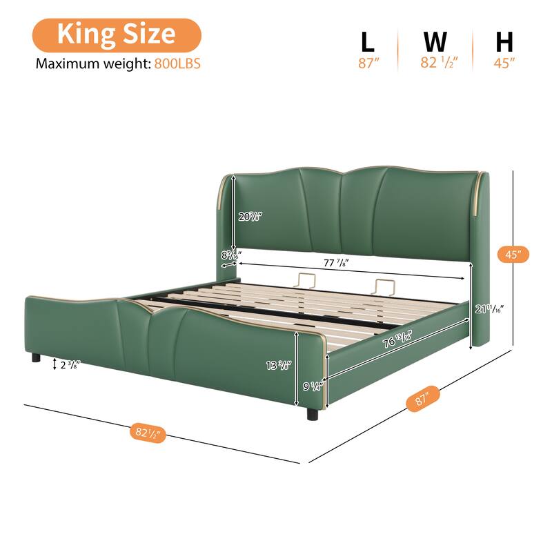 PU Leather Upholstered Bed Wingback Bed, Platform Bed Frame with Wave-Shaped Headboard & Footboard
