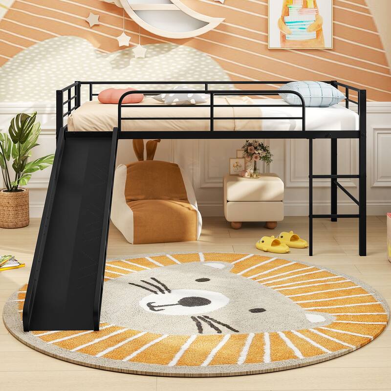 Gymax Twin Metal Loft Bed with Slide Guardrails Built-in Ladder Low