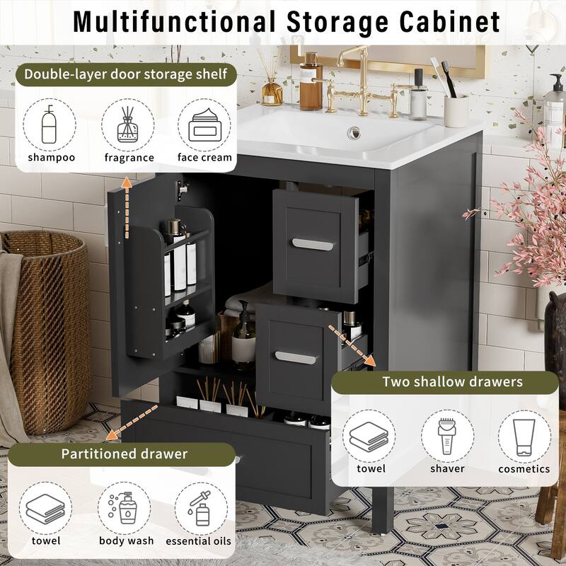 GDFStudio - Maple Modern Freestanding Bathroom Vanity with Ceramic Sink, Soft Close Door and Multi Drawer Storage