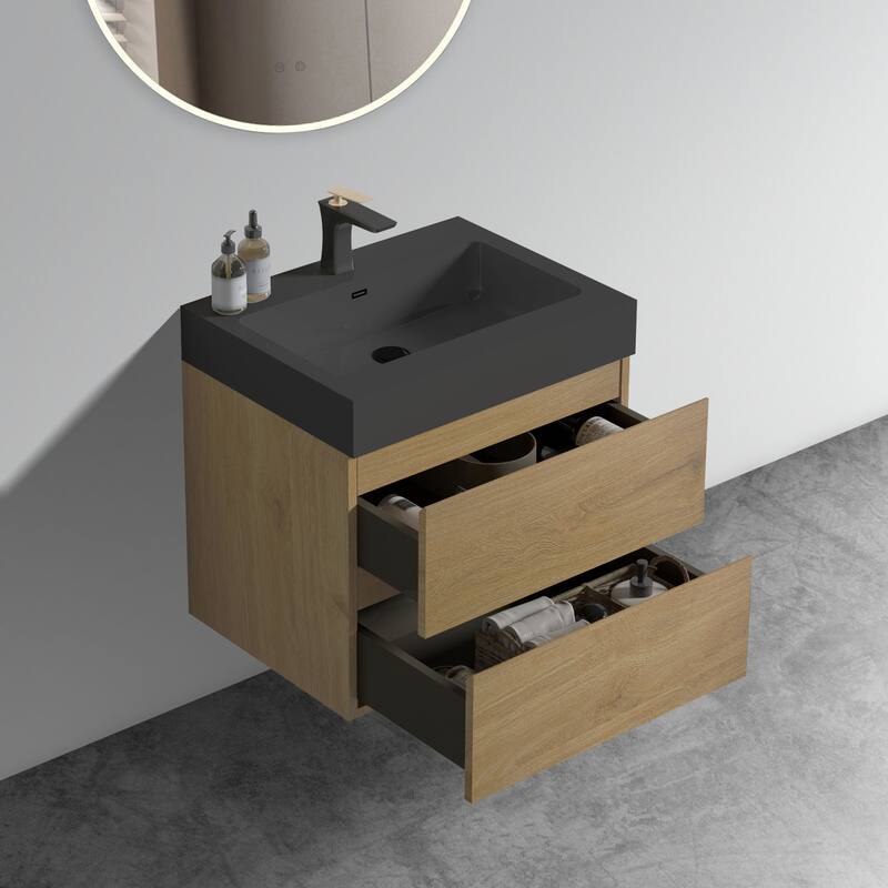 24" Floating Bathroom Vanity in Natural Oak with Handle-Free Design, Black Sink, and Silent Soft-Close Drawers