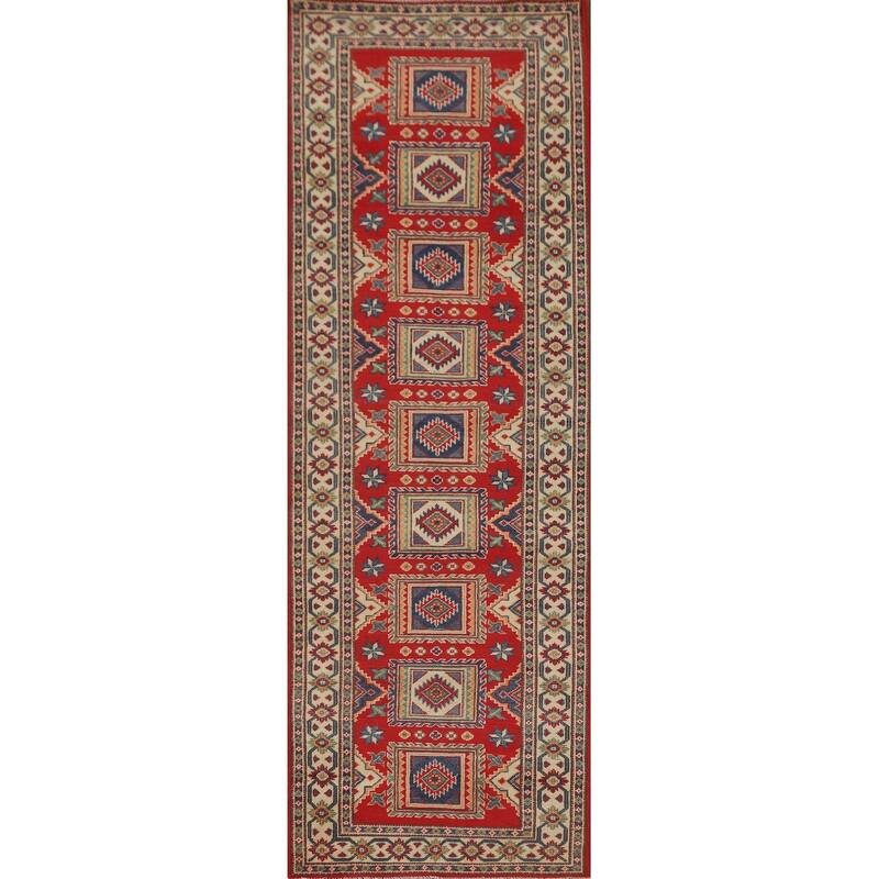 Geometric Kazak Runner Rug Hand-Knotted Red Wool Carpet - 2'9" x 9'4"