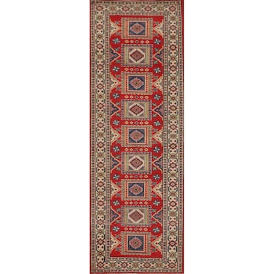 Geometric Kazak Runner Rug Hand-Knotted Red Wool Carpet - 2'9" x 9'4"