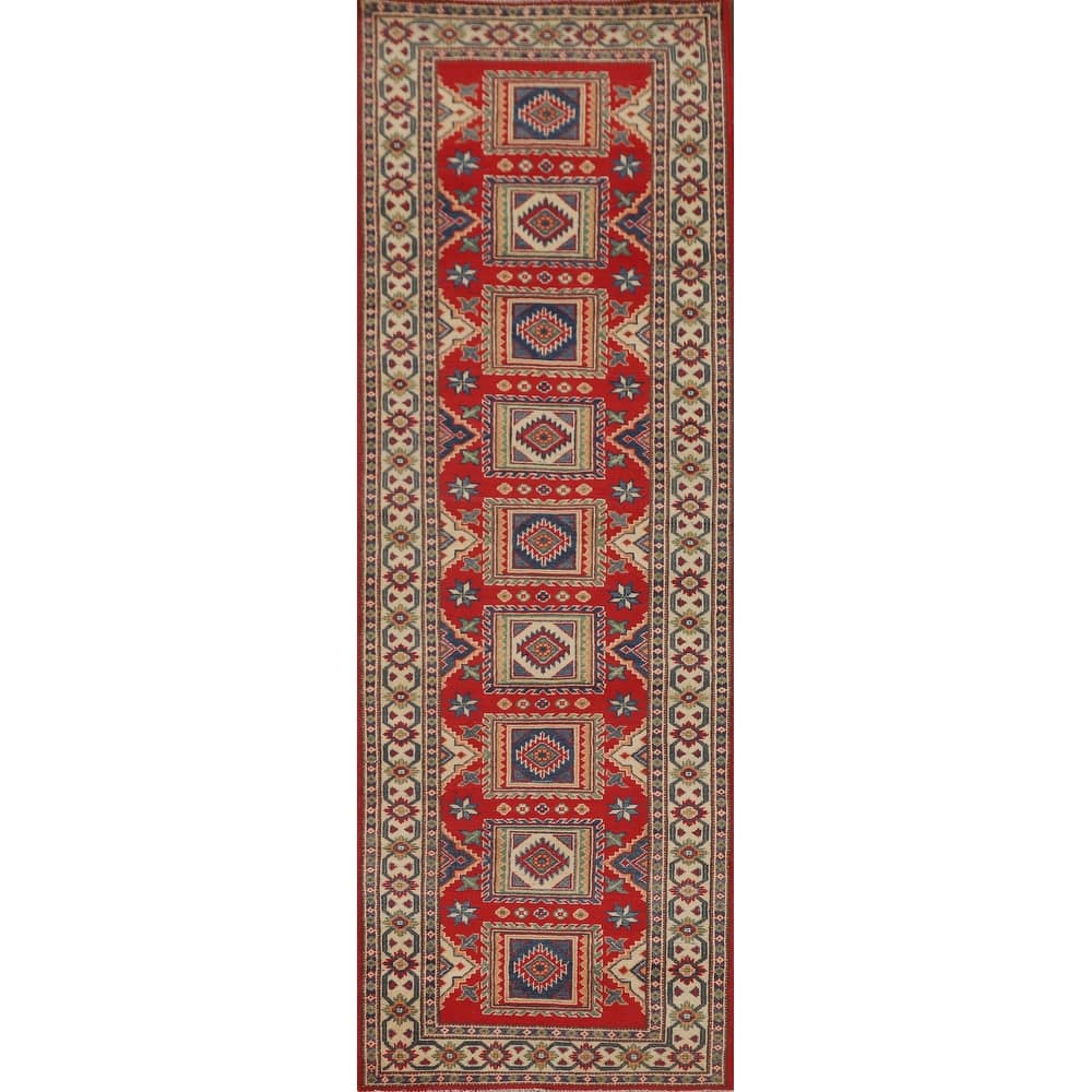 Geometric Kazak Runner Rug Hand-Knotted Red Wool Carpet - 2'9" x 9'4"