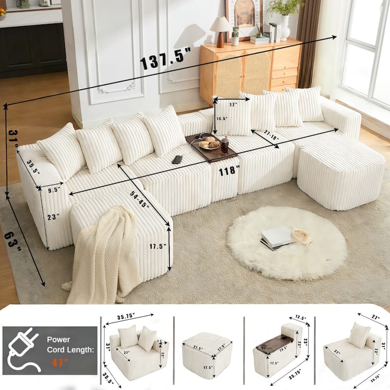 137.5" U-Shaped Sectional Sofa with Coffee Table Board and Ottoman