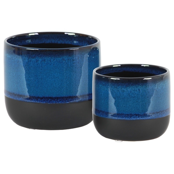 Round Stoneware Pot With Tapered Bottom, Set Of 2, Blue And Black