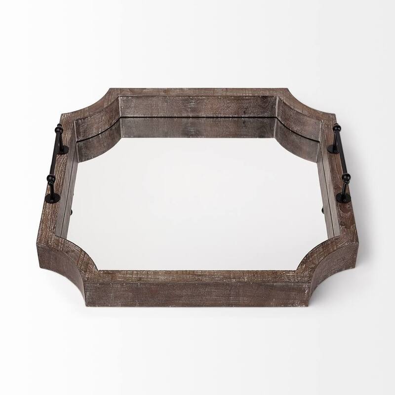 HomeRoots 23" Brown Hexagonal Wood and Mirrored Glass Serving Tray With Handles