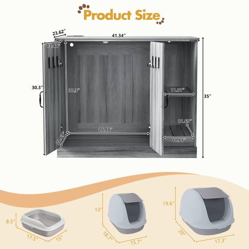 Cat Litter Box Cabinet with Power Outlet, Box Furniture for Automatic Litter Boxes, with Litter Catcher, Adjustable Shelves
