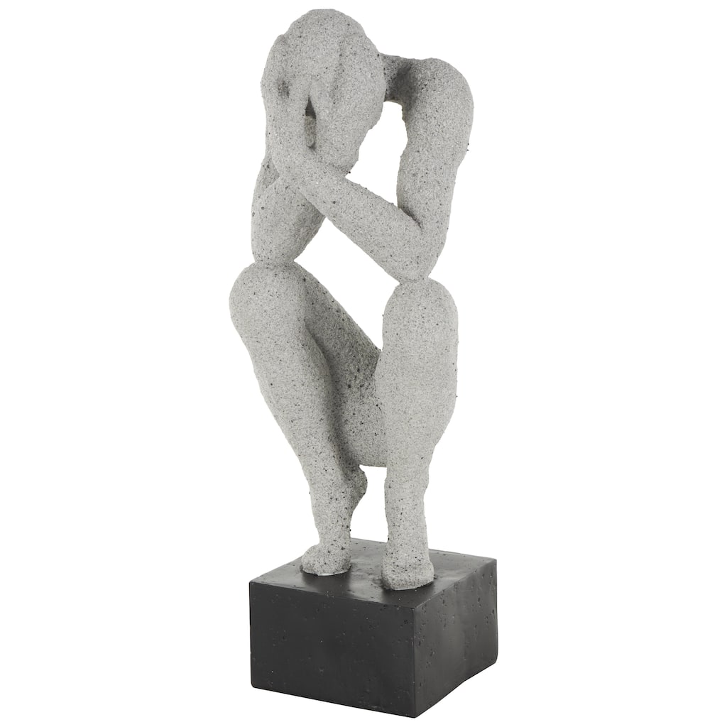 Gray Polystone Crouching People Decorative Sculpture with Black Square Base