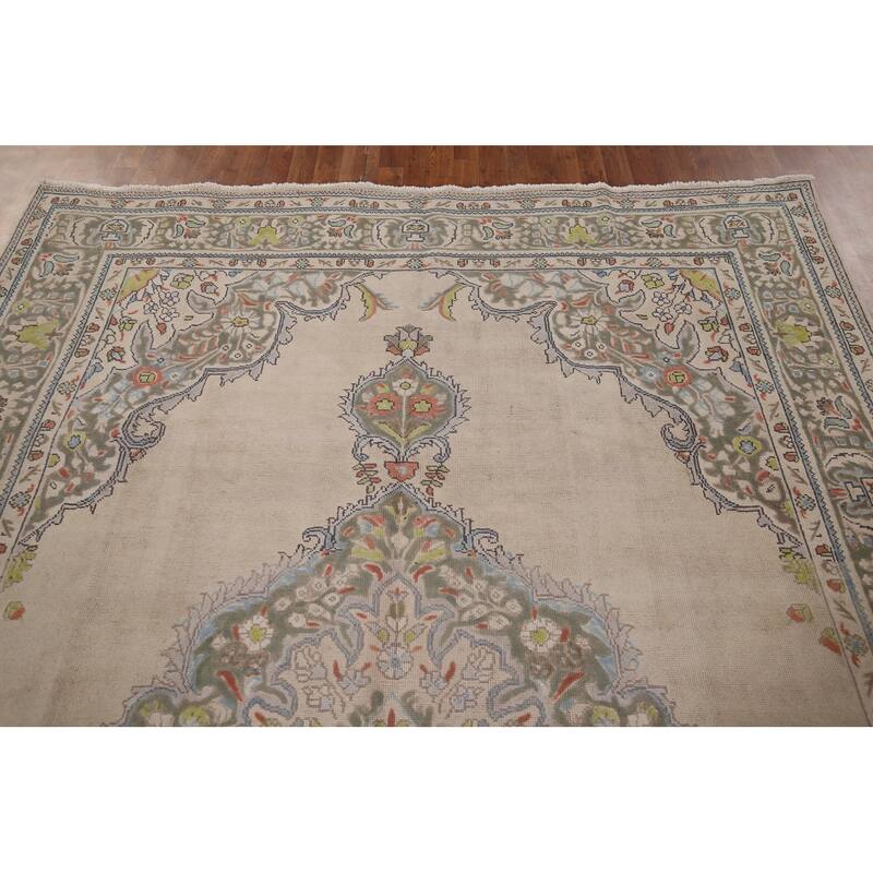 Beige Tabriz Persian Vintage Area Rug Hand-Knotted Wool Carpet - 8'8" x 10'8"