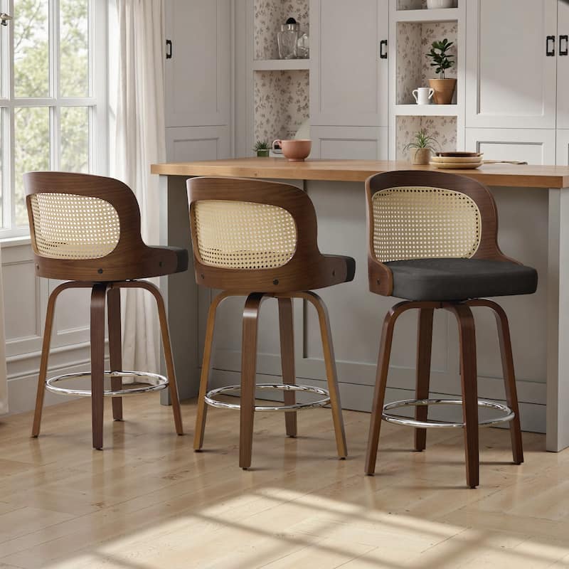 26" Upholstered Swivel Counter & Bar Stool with Rattan Back - 37.4"H x 19.09"W x 19.88"D