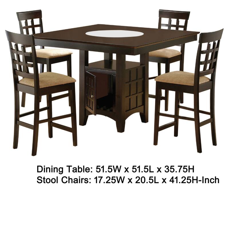 Uric Counter Height Dining Table w Wine Storage, 4 Lattice Chairs, Brown