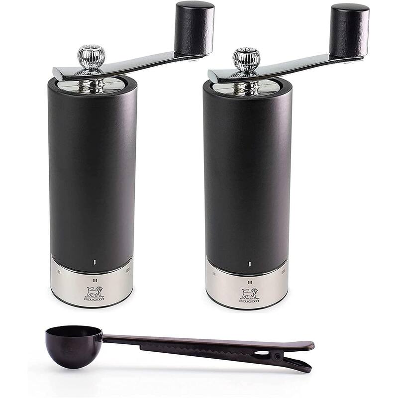 Peugeot Isen u'Select Salt & Pepper Mill Gift Set, 18cm-7in, Black - With Stainless Steel Spice Scoop & Clip - Black - 3 Piece