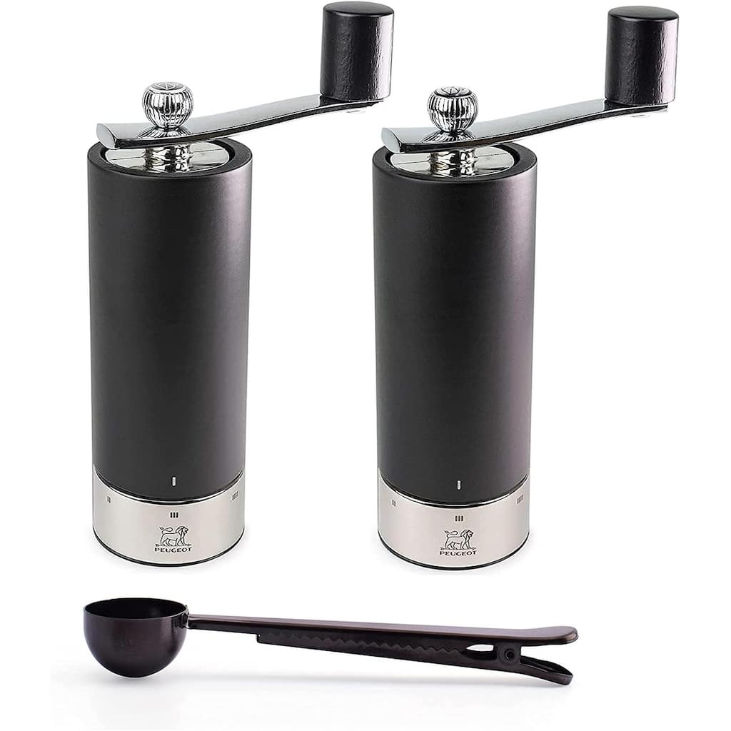 Peugeot Isen u'Select Salt & Pepper Mill Gift Set, 18cm-7in, Black - With Stainless Steel Spice Scoop & Clip