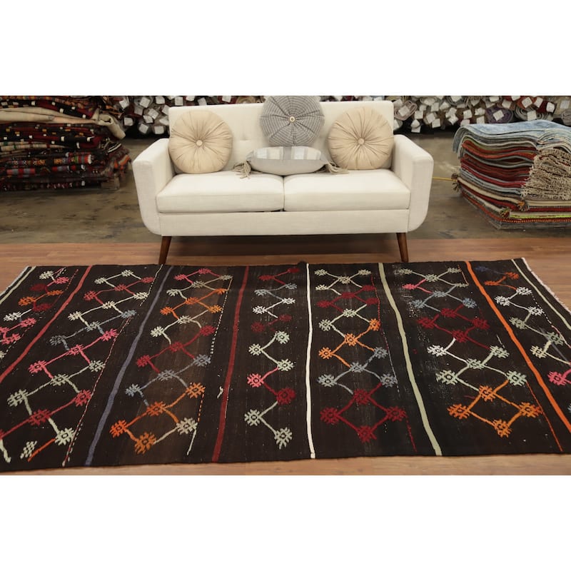 Hand Woven Oriental 100% Wool Carpet Southwestern Tribal Brown Kilim Area Rug - 9' 4'' X 5' 6''