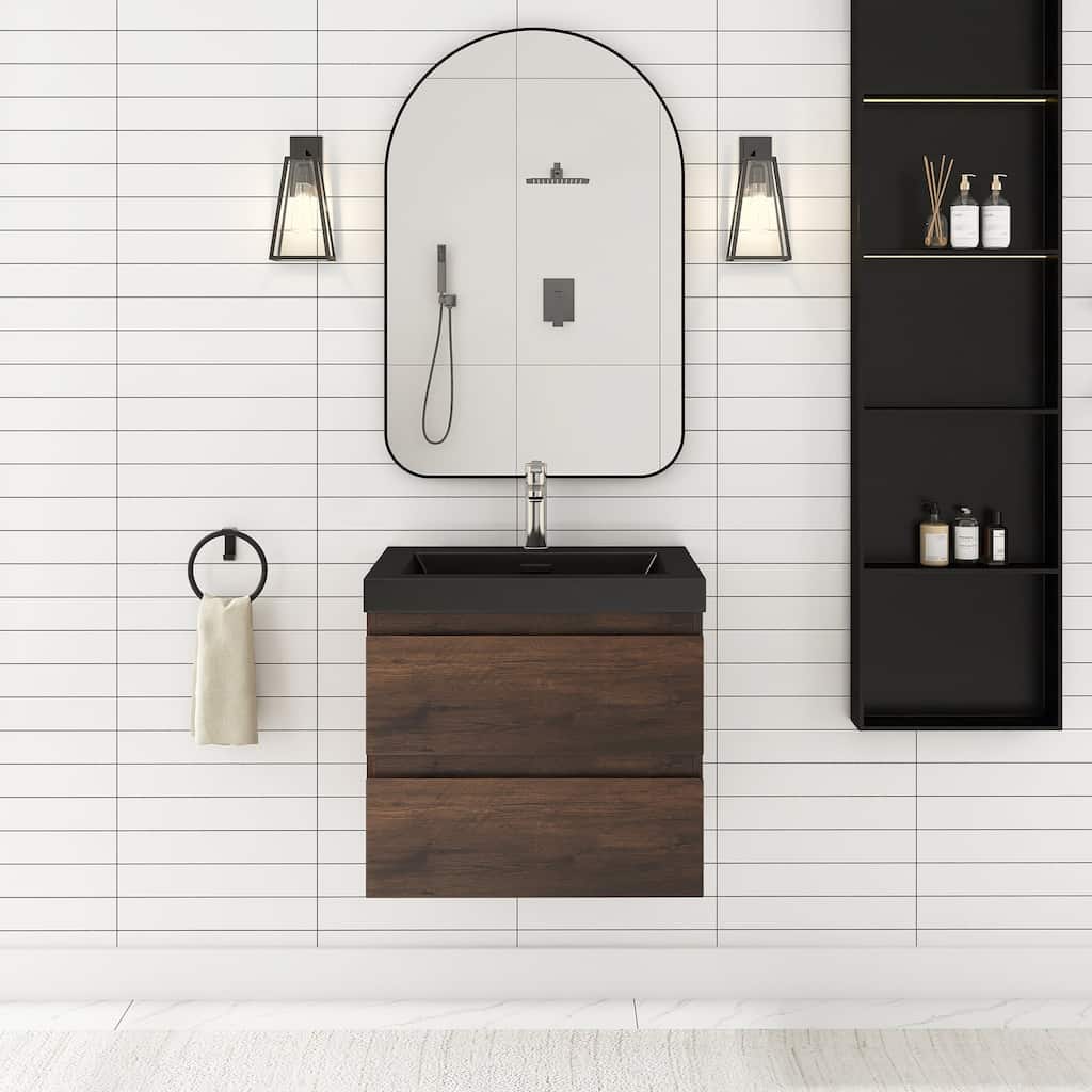 24/30/36 inch Wall-Mounted Bathroom Vanity Set in Rose Wood with Integrated Black Resin Sink