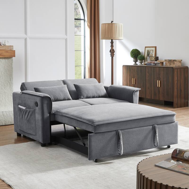 55" Fabric Sofa Bed with Sleeper, Adjustable Backrest & 2 Lumbar Pillows