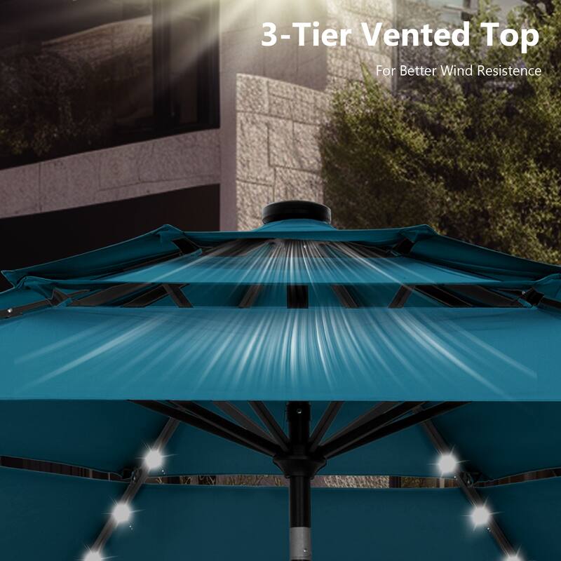 MAISON ARTS 10ft 3 Tier Auto-tilt Patio Umbrella Outdoor Double Vented Umbrella with LED Lights