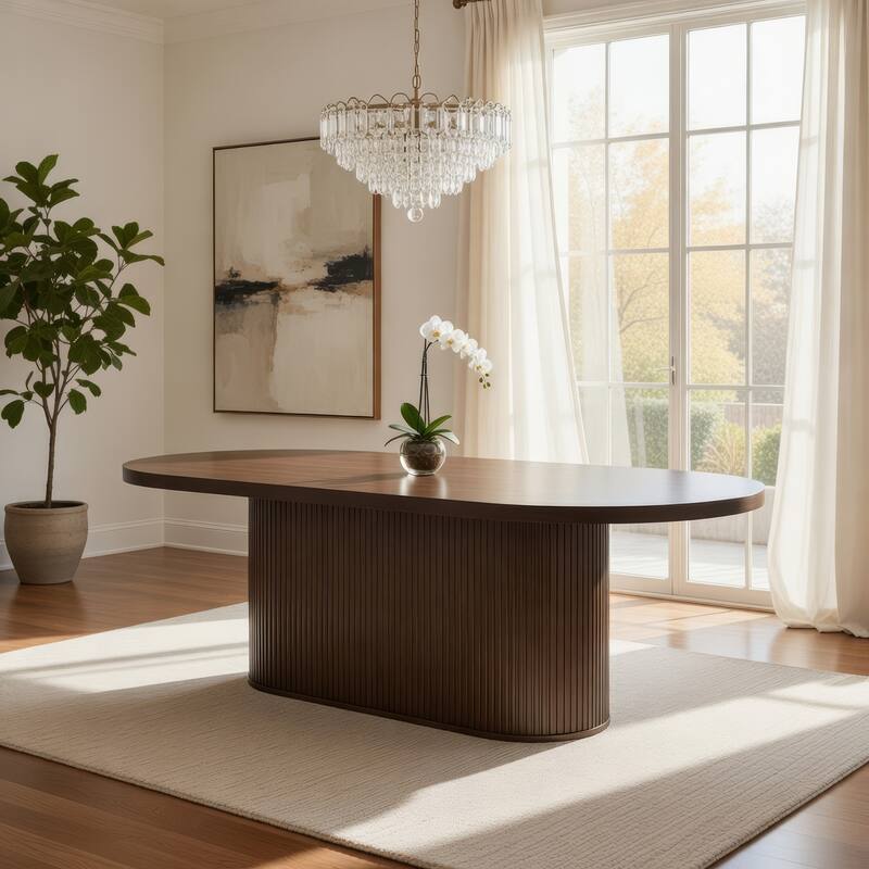 Gamo Oval Dining Table, Vertical Reeded Details, Oak Brown 87 Inch