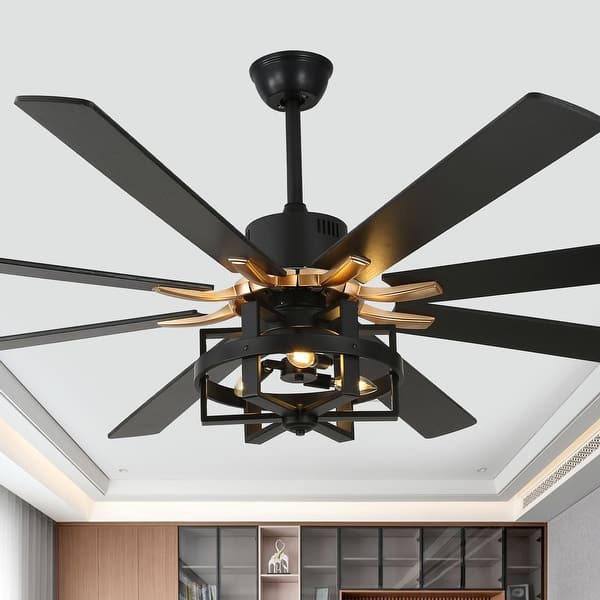 slide 2 of 22, Chichoice 65" Industrial Caged Ceiling Fan with Light and Remote, 6-Speed DC Motor Large Ceiling Fan 65" - Matte Black
