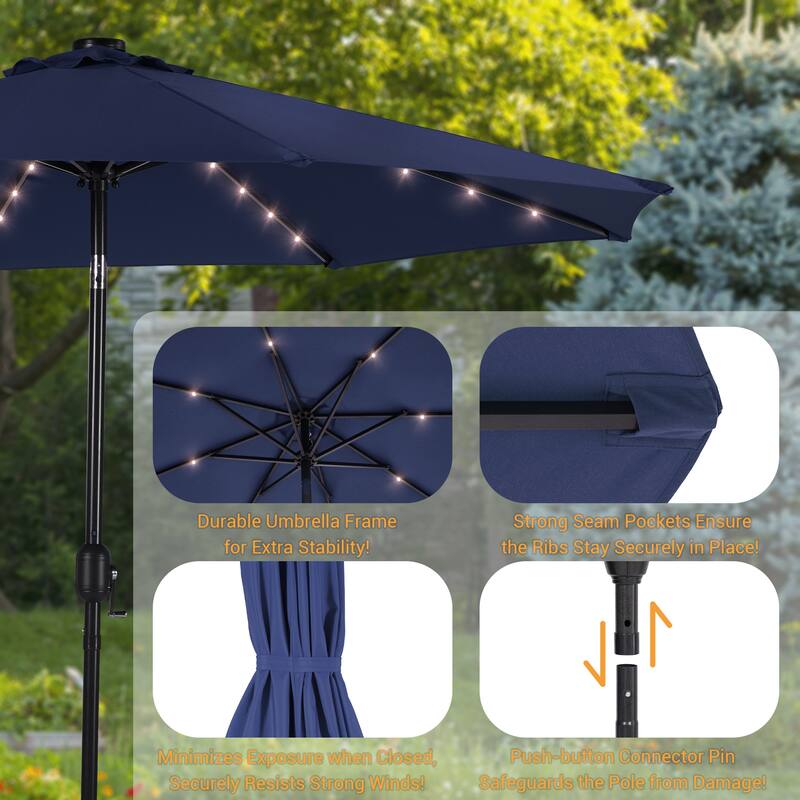 LIVOOSUN 9Ft Solar-powered Large Round Outdoor Patio Market Umbrella with Crank