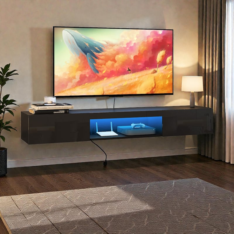 63" Floating TV Stand with 16-Color LED Lights, Wall Mounted Entertainment Center for 55-65 Inch TVs, Modern TV Cabinet