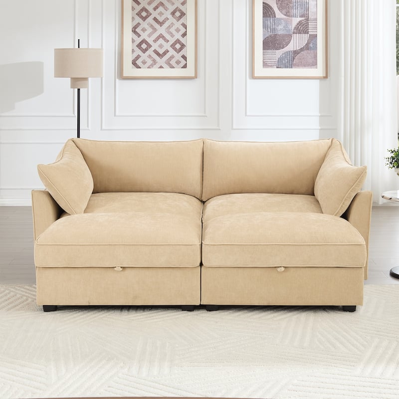 2-Seater Loveseat with 2 Movable Ottoman & Pull out Storage Drawer Under