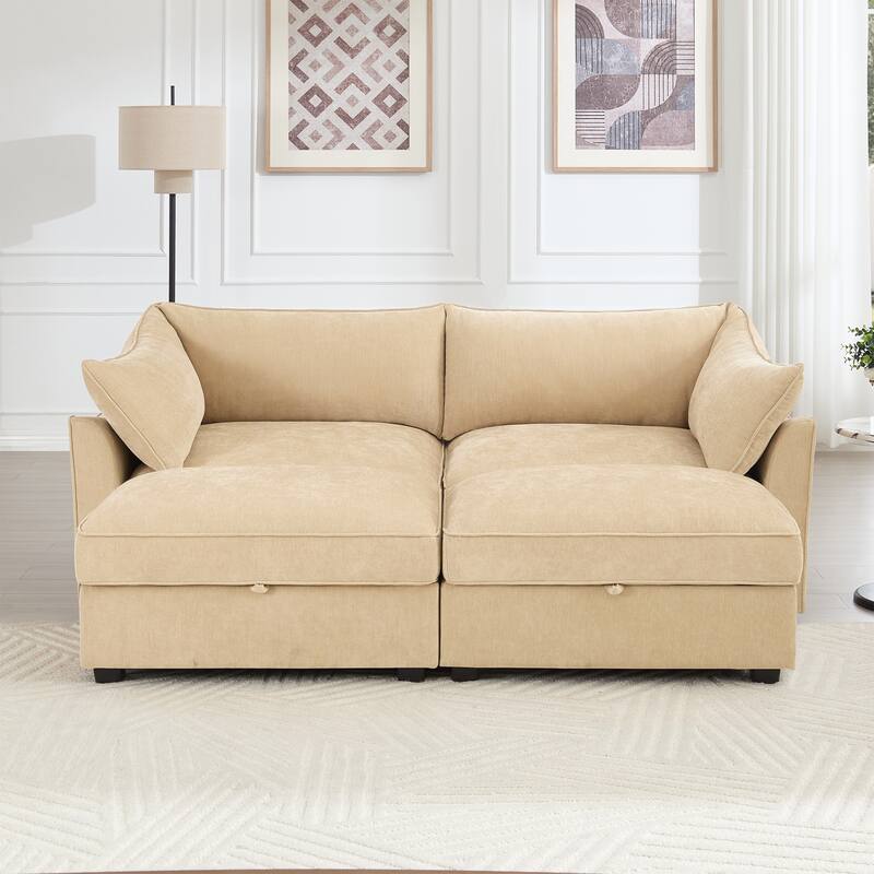 Modern Chenille Sectional Sofa Couch with Hidden Storage & 2 Ottoman