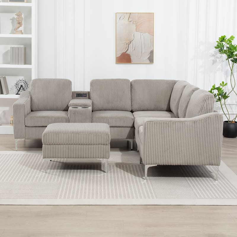 95.67" Corduroy L-Shaped Sectional Sofa with USB