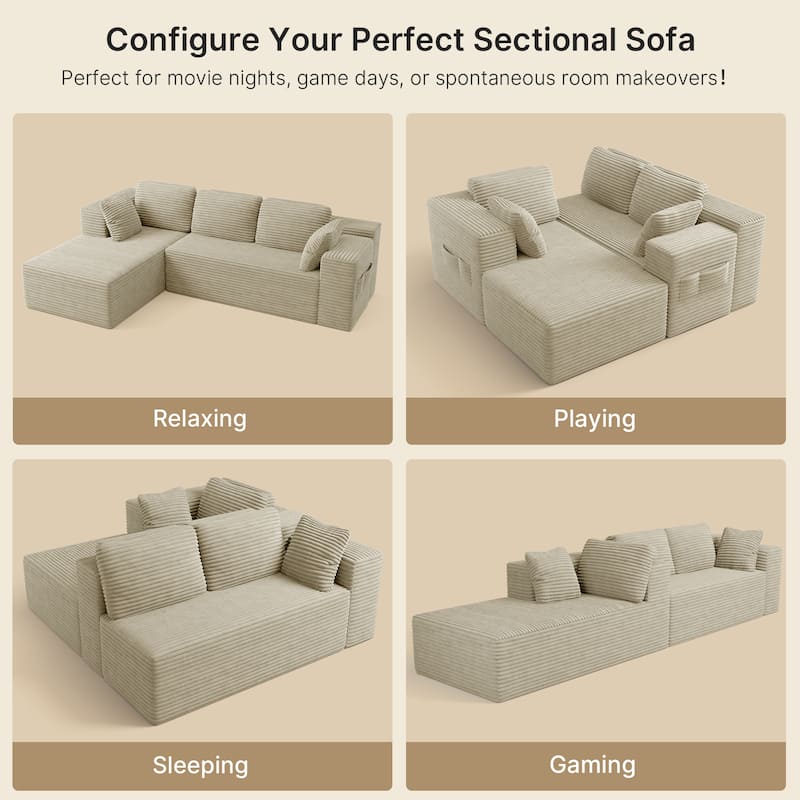 105" Cloud Sectional Couch with L-Shape Chaise, Modular Boneless Sofa, Upholstered Corduroy Couch