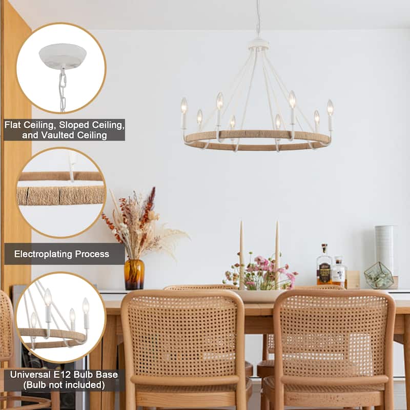 8-Light Hanging Candlestick Wagon Wheel Chandelier Hemp Rope Linear Chandelier Lighting for Kitchen Island