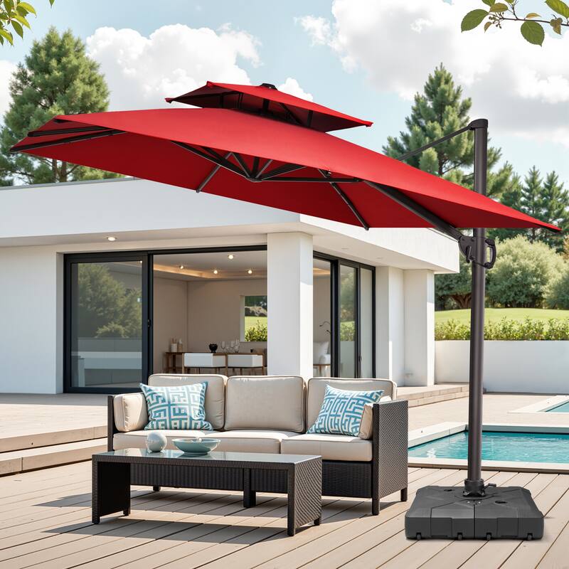 Pellebant 10 ft Square Patio Cantilever-Offset Umbrella 360 Degree Rotation with Wheel Base - Red