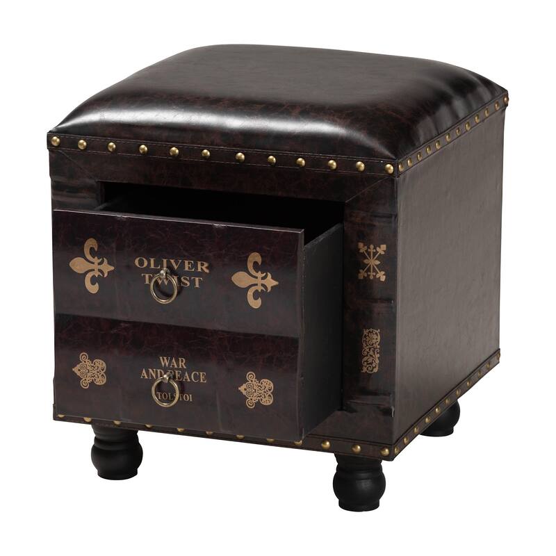 Rustic Dark Brown Faux Leather Storage Ottoman with Book Spine Drawer