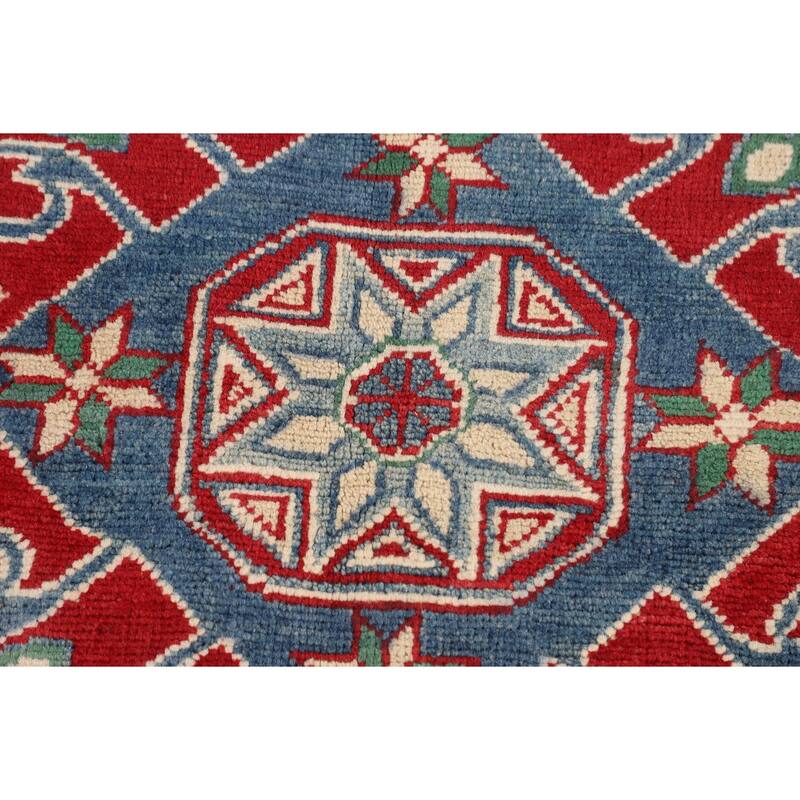 Red Kazak Oriental Area Rug Hand-Knotted Geometric Wool Carpet - 5'0" x 6'7"