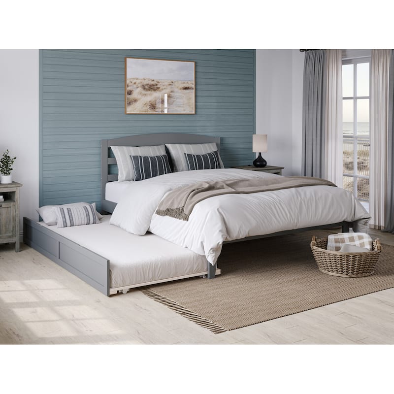 Full Platform Bed with Trundle & Charging Station - Grey Twin Size, Easy Assembly