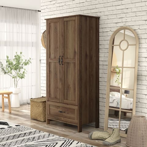 Shaunna Distressed Walnut Country Style Wardrobe Closet with Drawer