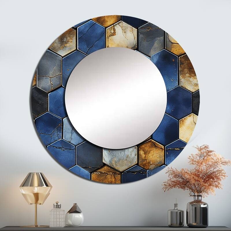 Designart "Grey And Blue Hexagone Symmetry" Geometric Living Room Mirror - Blue Modern Large Round Mirror