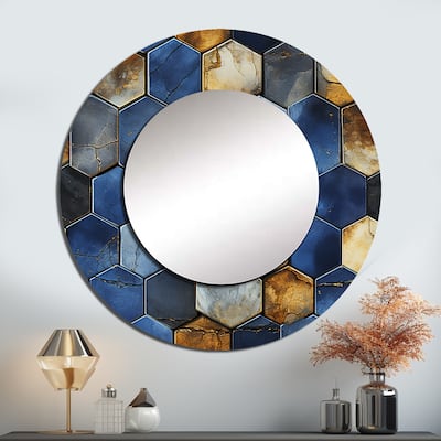 Designart "Grey And Blue Hexagone Symmetry" Geometric Living Room Mirror - Blue Modern Large Round Mirror