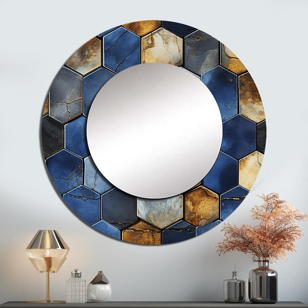 Designart "Grey And Blue Hexagone Symmetry" Geometric Living Room Mirror - Blue Modern Large Round Mirror