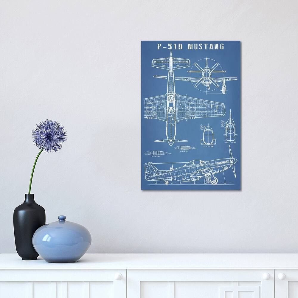 iCanvas "P-51 Mustang Vintage Airplane Blueprint" by Action Blueprints Canvas Print