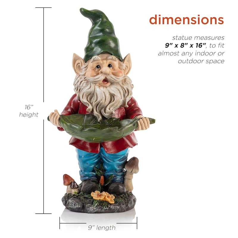 Alpine Corporation 16" Tall Outdoor Garden Gnome and Bird Feeder Yard Statue Decoration