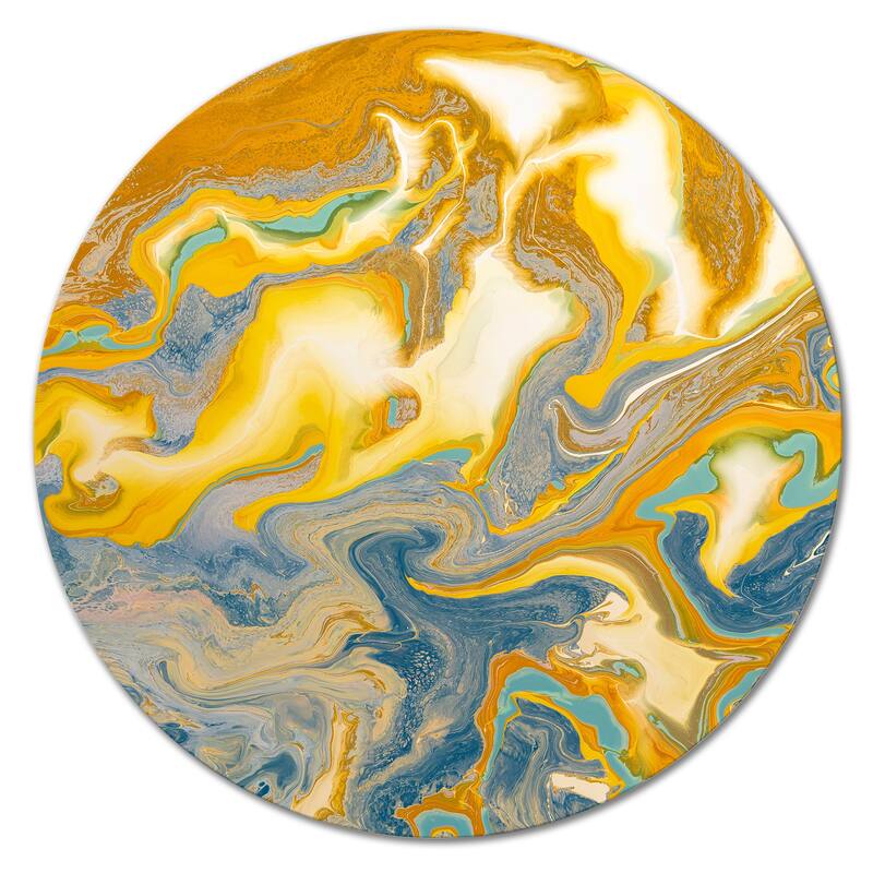 Designart 'Yellow And Blue Marble Waves I' Modern Metal Circle Wall Art - 29x29 - Disc of 29 Inch