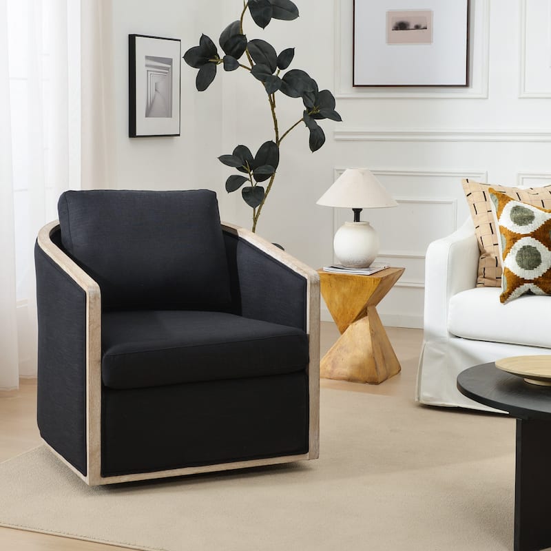 KINWELL 31"W Oak Frame Upholstered Swivel Barrel Armchair