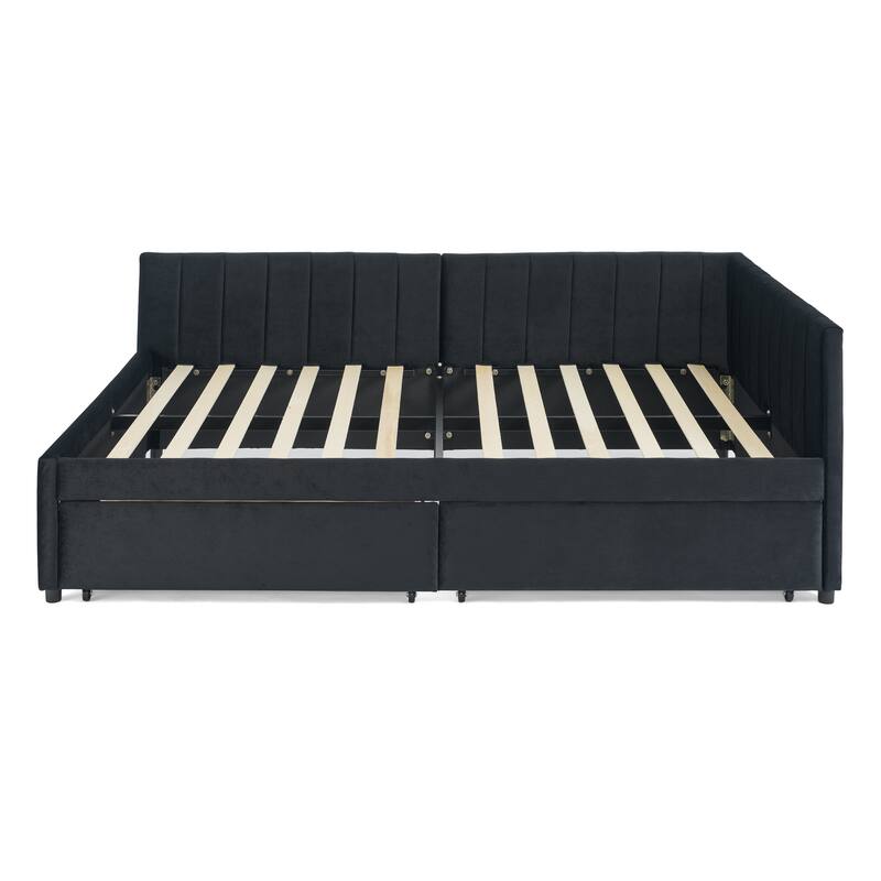 Full Size Velvet Upholstered Daybed with 2 Drawers and Tufted Sofa Bed with Ergonomic Backrest