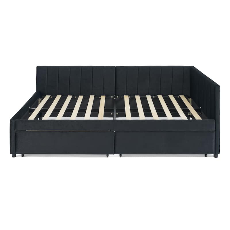 Full Size Velvet Upholstered Daybed with Storage Drawers, Tufted Sofa Bed Frame with Armrests and Backrest