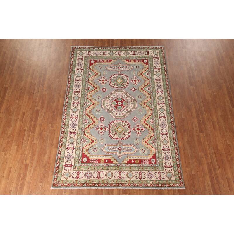 Gray Geometric Kazak Area Rug Handmade Wool Carpet - 6'6" x 9'9"